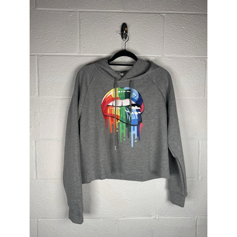 NWOT MAGICMK Gray Cropped Hoodie Dripping Rainbow Lips Graphic Sweatshirt Size L